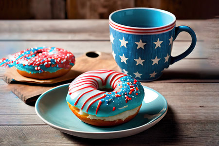 Decorated with usa flag plate, napkin and fork on table. Generative Aiの素材