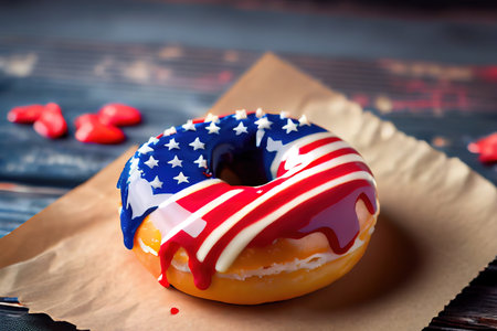 close up of glazed sweet donut decorated with flag and juice in disposable tableware at 4th july party. Generative Aiの素材