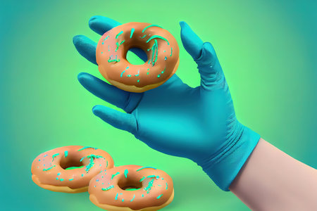 Vertical shot of beauitful lady covers eyes has two blue and red doughnuts. Generative Aiの素材