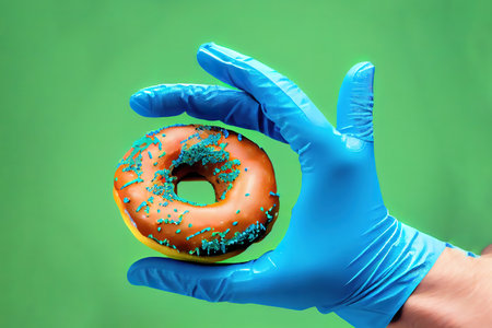 Vertical shot of beauitful lady covers eyes has two blue and red doughnuts. Generative Aiの素材