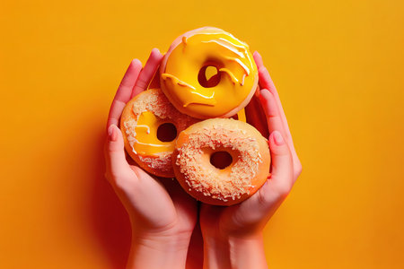 Young beautiful woman over yellow background with donuts high quality photo. Generative Aiの素材