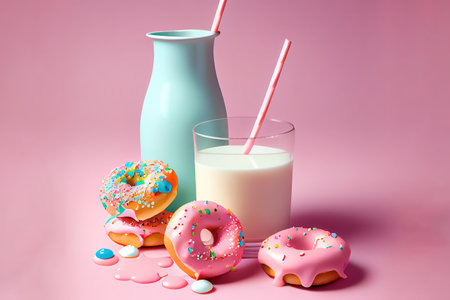 Strawberry milkshake and donuts. Generative Aiの素材