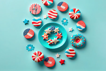 Birthday concept with cupcakes; candies and bunting on blue background. Generative Aiの素材
