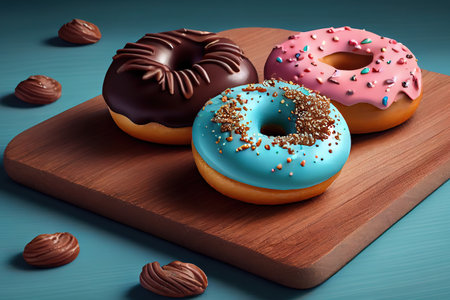 Three chocolate donuts on wooden plate and on blue surface. Generative Aiの素材