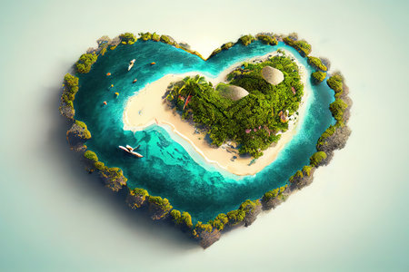 Heart shaped island aerial view i love travel beach and sea bird'seye view. Generative Aiの素材