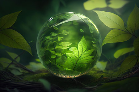 Green glass globe with green leaves an d morning sunlight. Generative Aiの素材
