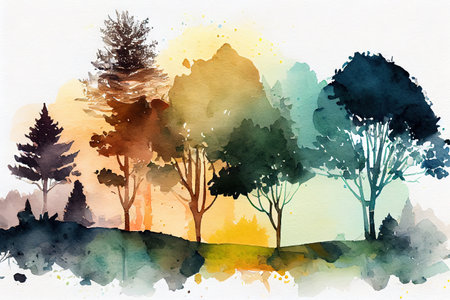 Watercolor landscape with trees abstract nature background. Generative Aiの素材