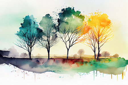 Blue landscape of foggy forest, winter hill. Wild nature, frozen, misty, taiga. watercolor background. Generative Aiの素材