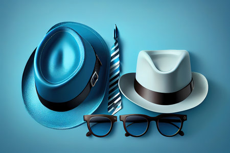 Fathers day concept with hat, glasses and tie on blue background. Generative Aiの素材