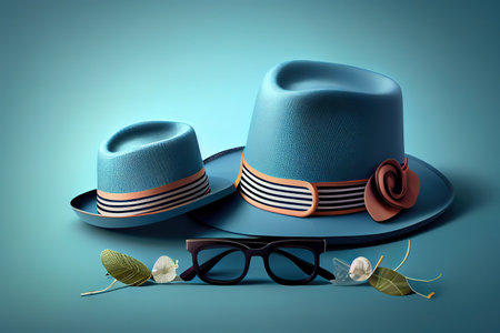 Fathers day concept with hat, glasses and tie on blue background. Generative Aiの素材