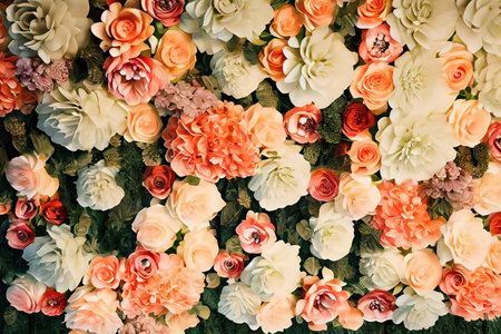 Pink roses, hydrangeas and peonies twined side by side. Generative Aiの素材