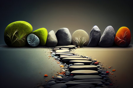Zen path of stones in widescreen, splash color. Generative Aiの素材