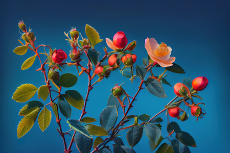 Flowering rose hips against the blue sky. Generative Aiの素材