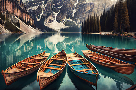 Boats on the Braies Lake. Generative Aiの素材