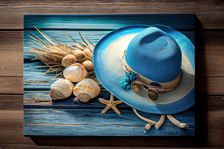 Straw hat, blue flip flops and starfish On a dark wooden background. Generative Aiの素材