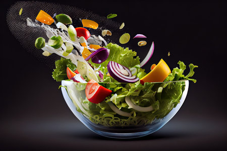 Fresh mixed vegetables falling into a bowl of salad. Generative Aiの素材
