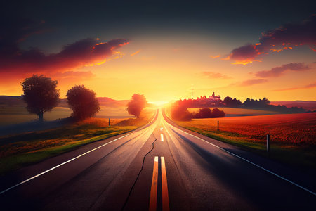 Beautiful sunset over an empty road in the countryside an empty asphalt. Generative Aiの素材