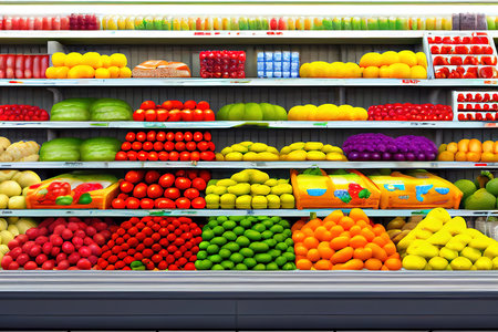Counter with vegetables. supermarket. Generative Aiの素材