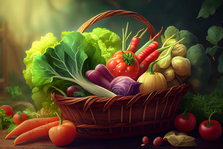Fresh organic vegetables in wicker basket in the garden. Generative Aiの素材