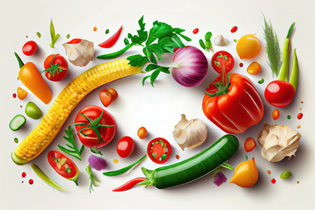 chilly pepper, yellow pepper, salad leaves and radish on white background. Generative Aiの素材