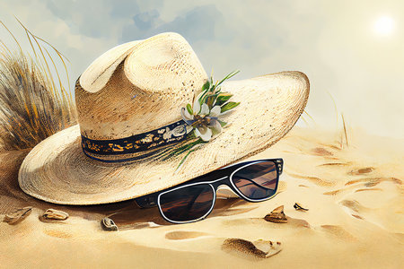 Straw hat and sunglasses on beach. Generative Aiの素材