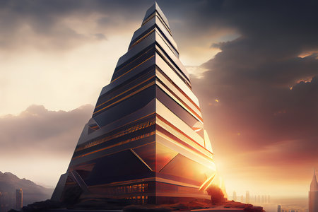 Skyscraper with clouds reflection. Generative Aiの素材