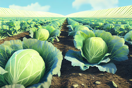 cabbage plantations grow in the field. vegetable rows. Generative Aiの素材