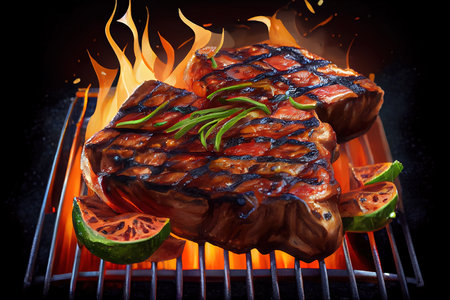 Barbecue grill with beef steaks. Generative Aiの素材