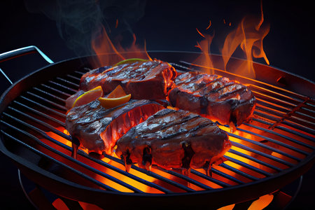 Steak with vegetables cooking on the grill. Generative Aiの素材