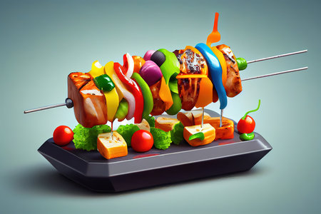 Delicious vegetable and meat skewer on grill. Generative Aiの素材