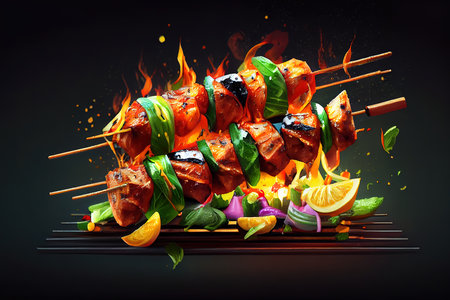 Shish kebab on skewers with onions. On the black wooden table. Generative Aiの素材