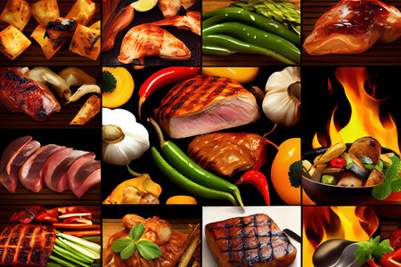 Collage of various grilled meat and vegetables. Generative Aiの素材