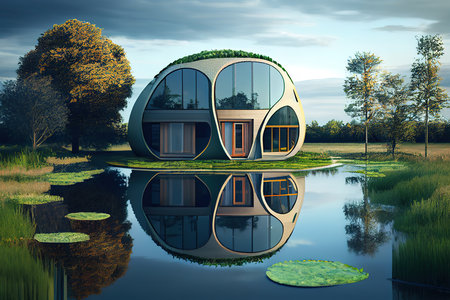 Little eco house on the green grass concept. Generative Aiの素材