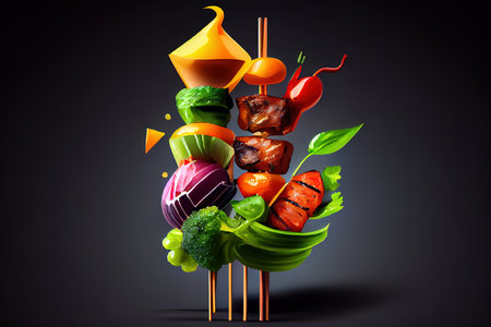 Shish kebab on skewers with onions. On the black wooden table. Generative Aiの素材