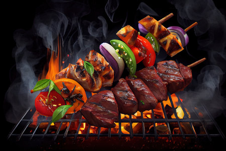 Barbecue beef kebabs with green pepper. Generative Aiの素材