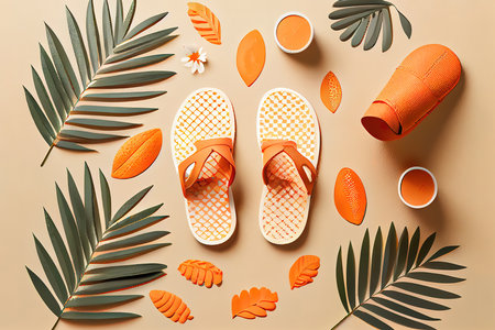 flat lay sea shell,blue slippers,white towel and frangipani flower. Generative Aiの素材