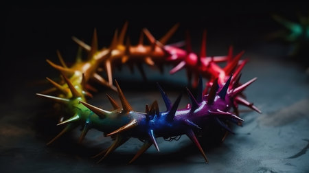 Flat lay crown of thorns still life vertical side angle, Rainbow Color. Generative Aiの素材