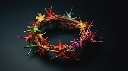 Flat lay crown of thorns still life, colorful, ultra realistic. Generative Aiの素材