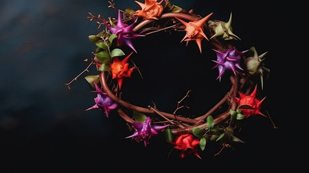 Flat lay crown of thorns still life, colorful, ultra realistic. Generative Aiの素材