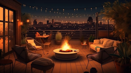 Beautiful terrace with comfortable chairs with a fire pit. Generative Aiの素材