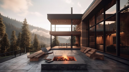 Amazing balcony patio with fire pit and forest and mountains view. Generative Aiの素材