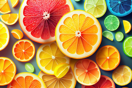 Colorful summer citrus fruits slices background. directly above. Generative Aiの素材