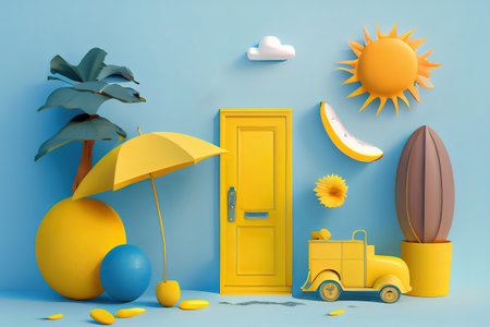 Minimal conceptual scene of summer stuff in a blue door on yellow background. Generative Aiの素材