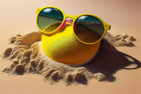 on the yellow background. sunglasses, towel. flip-flops and striped hat. Generative Aiの素材