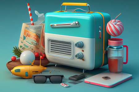 Travel,summer accessories on blue wood. Generative Aiの素材