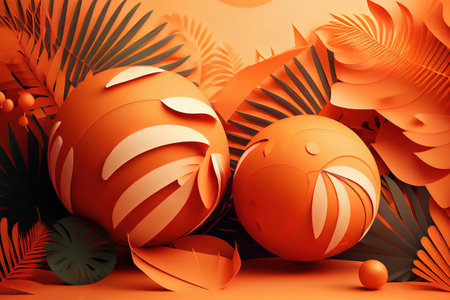 Summer orange background with inflatable beach balls and tropical leaves shadows. Generative Aiの素材