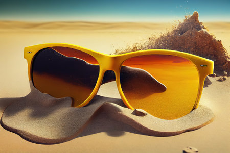 Painted sun and yellow sunglasses on sea sand. Generative Aiの素材