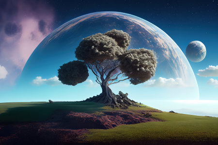 3d render of a tree on a grassy hill against a space sky with planets. Generative Aiの素材
