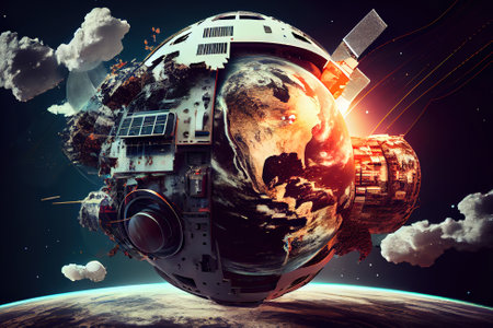 Planet earth on the background of blurred lights of the city. Generative Aiの素材