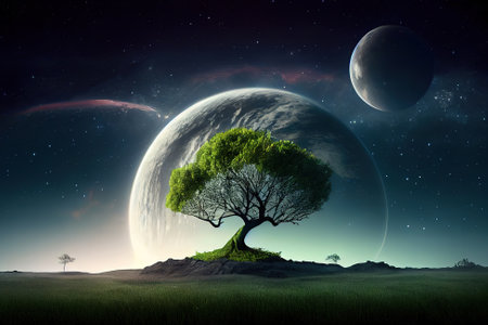 3d countryside landscape with tree against blue sky. Generative Aiの素材